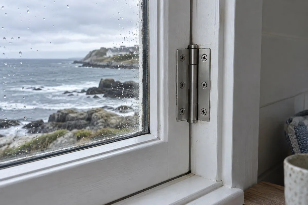 Window hinge and frame in a coastal setting