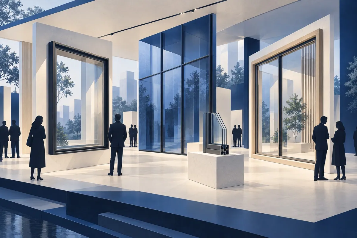 Editorial illustration of window and facade displays in an architectural exhibition pavilion