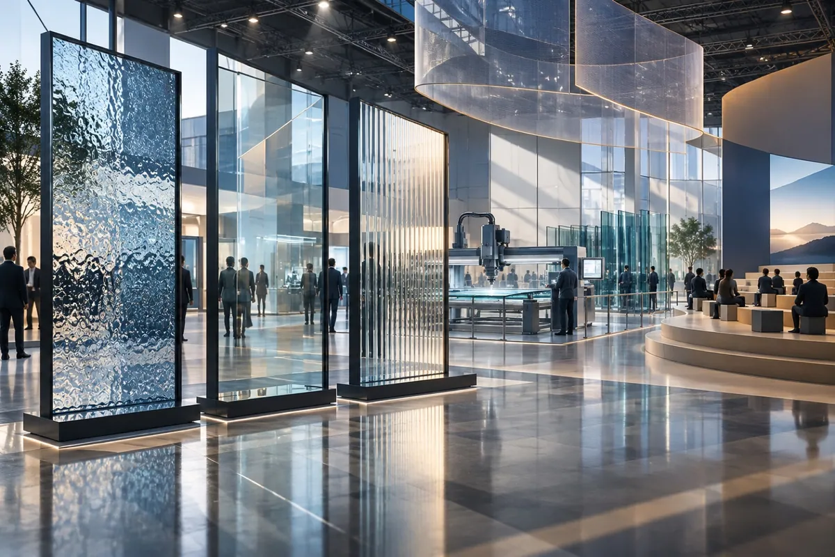 Editorial illustration of a glass exhibition with architectural glazing displays, processing equipment and a presentation area