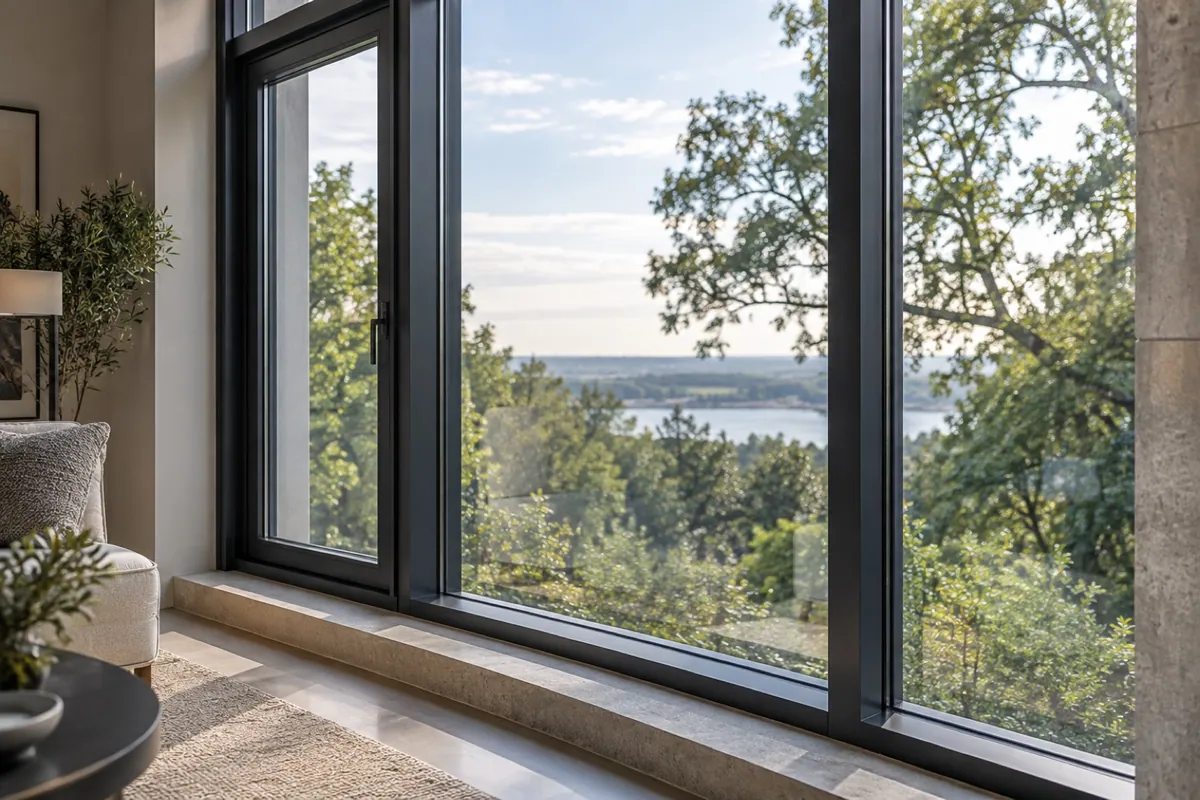 Substantial dark aluminium window frames and a tall closed glazed casement in a contemporary interior