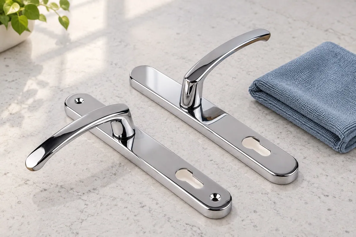 Chrome backplate handles beside a clean microfiber cloth