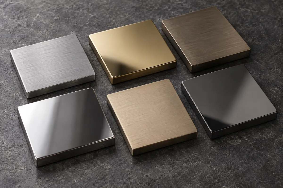 Brushed and polished metal finish samples in silver, champagne, bronze and graphite tones