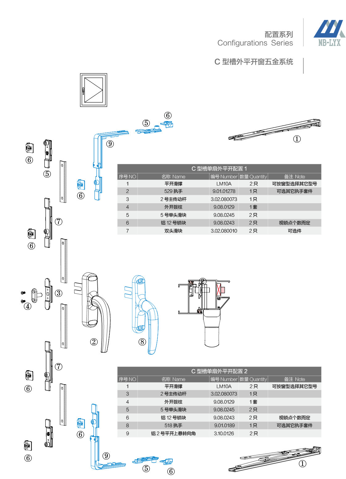 Aluminium casement drive and fitting configurations · AL · PDF 12 · right panel