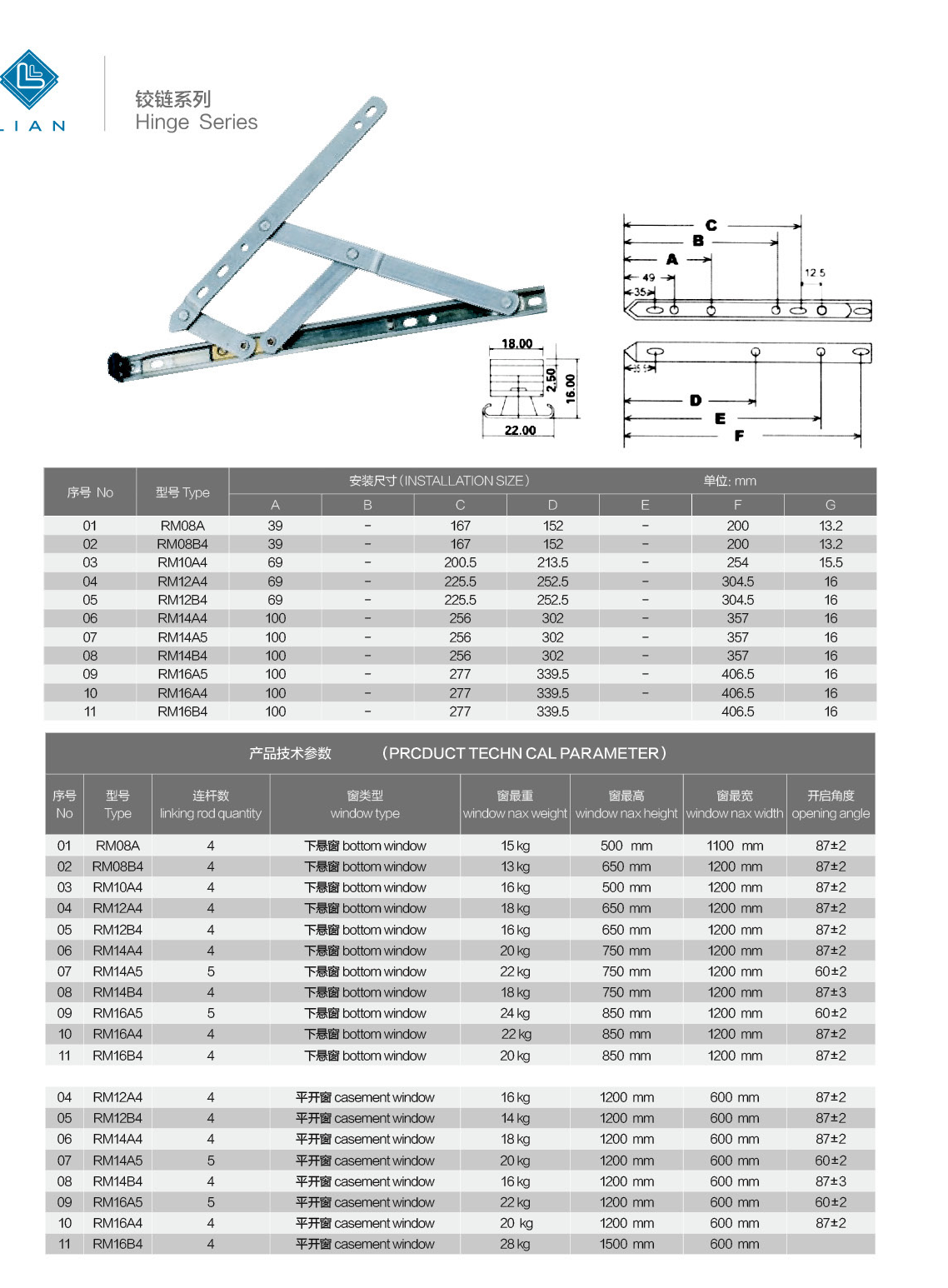 Friction stay geometry and size tables · AL · PDF 44 · left panel