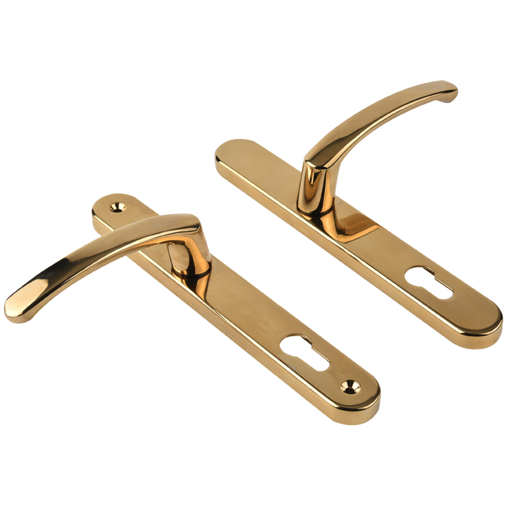 Curved lever backplate handles — gold