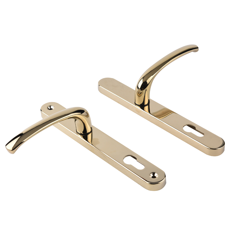 Curved lever backplate handles — gold