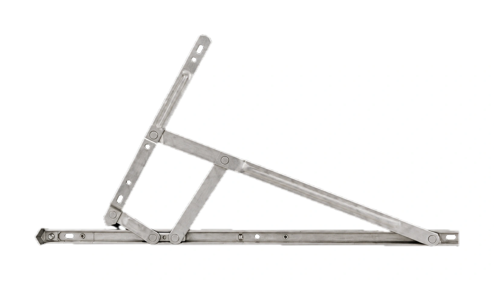 Four-bar friction stay — wide opening geometry